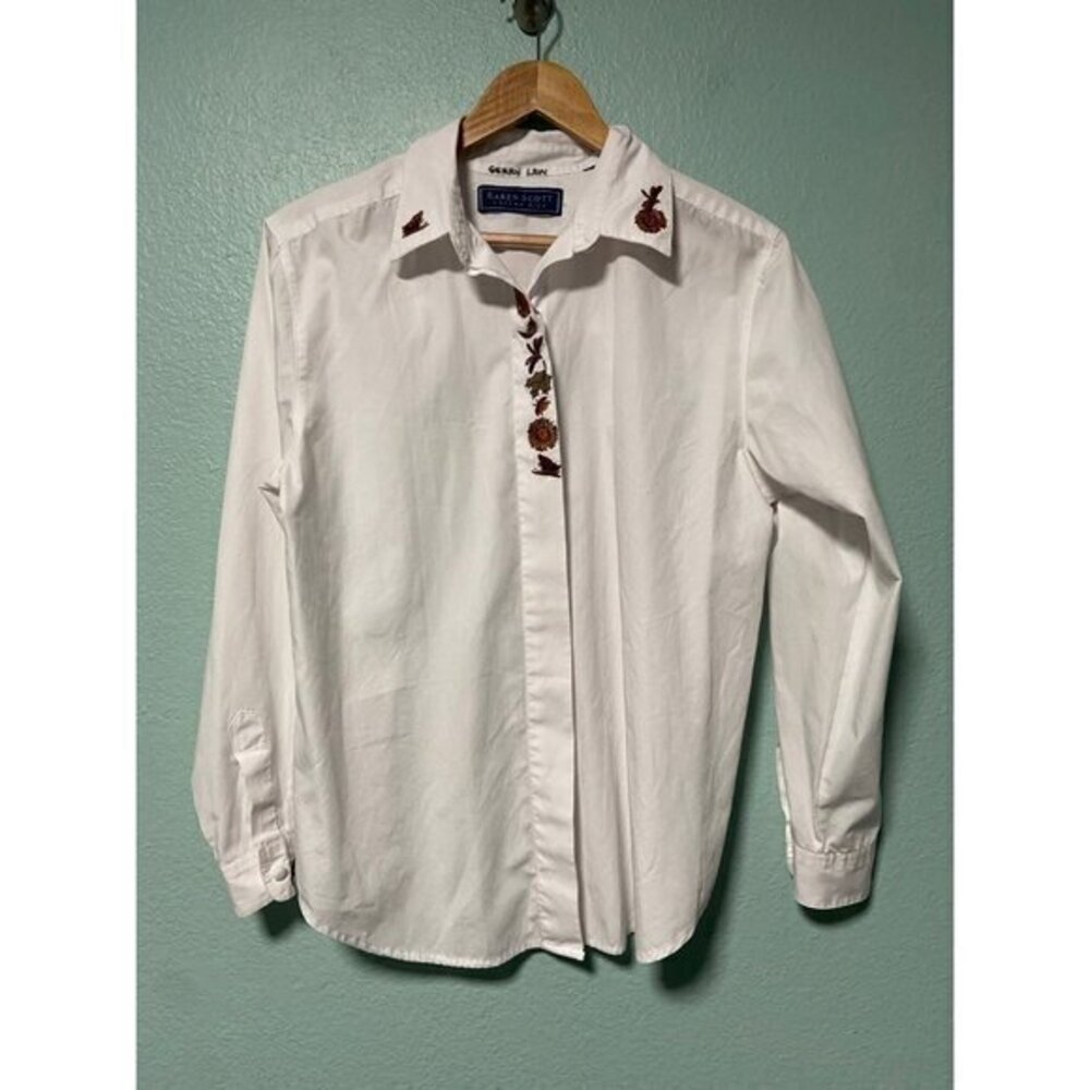 Karen Scott Women's White Button Down Sunflower Butterfly Shirt‎ Top
